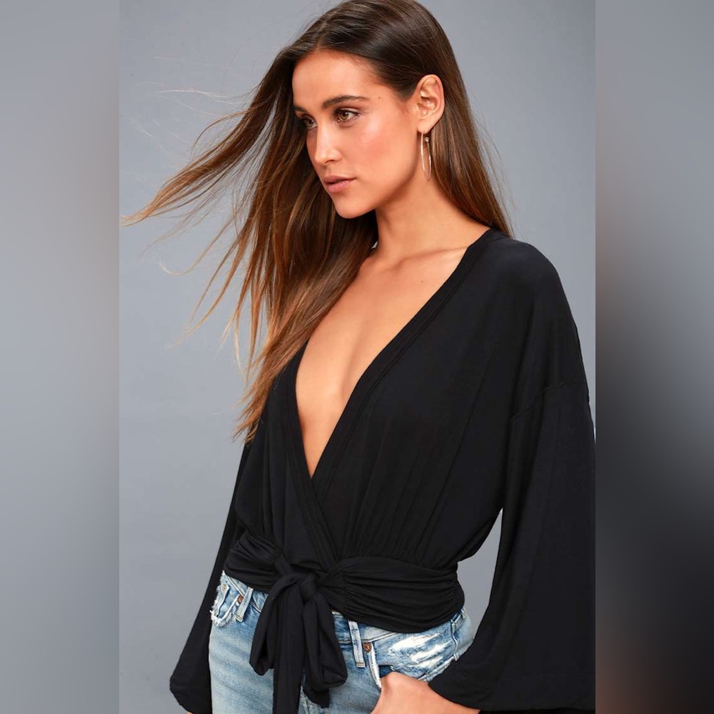 Free People That's a Wrap Black Bell Sleeve Crop Top Waist Tie Boho Trendy Chic